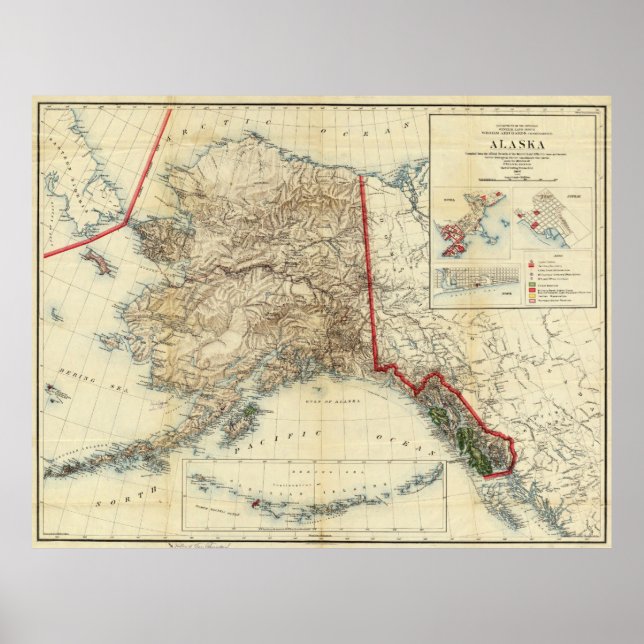 Póster Mapa de Vintage do Alasca (1906) (Frente)