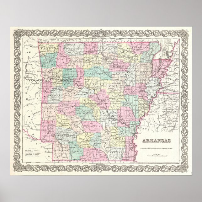Poster Mapa de Vintage do Arkansas (1855) (Frente)