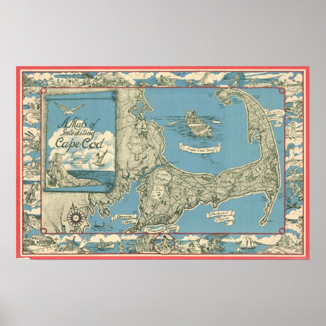 Poster Mapa de Vintage do Cabo Cod (1945) (Frente)