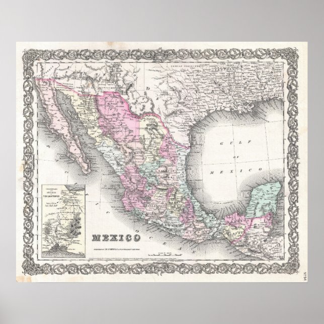 Póster Mapa de Vintage do México (1855) (Frente)