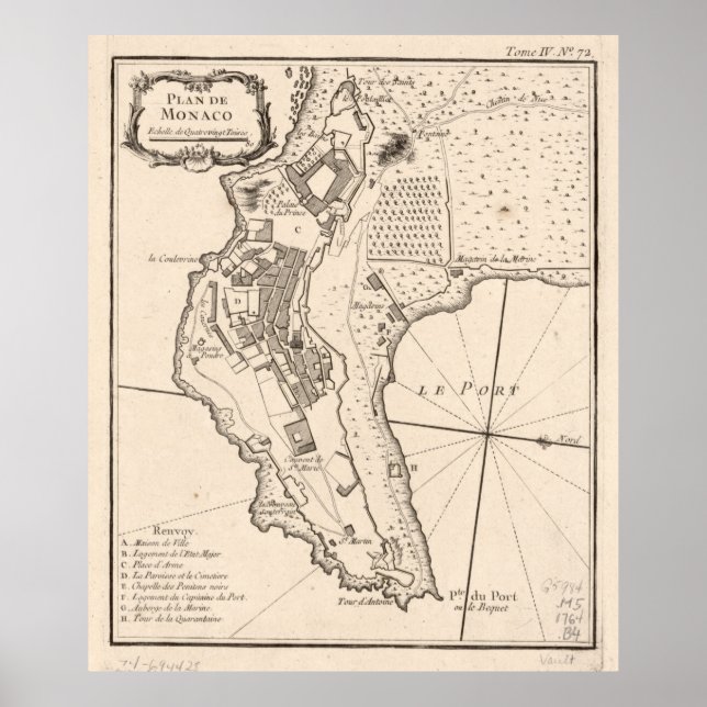 Poster Mapa de Vintage do Mônaco França (1764) (Frente)