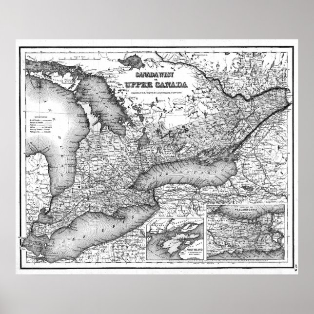 Póster Mapa de Vintage do Ontário (1857) BW (Frente)