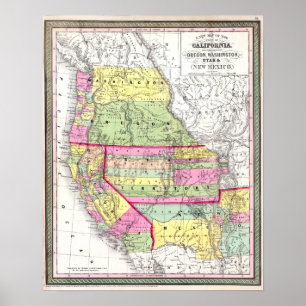 Poster Mapa de Vintage do Oregon Califórnia Oeste Americ