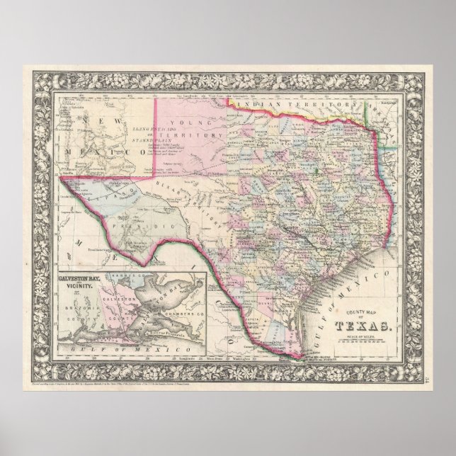 Póster Mapa de Vintage do Texas (1866) (Frente)