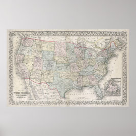 Póster Mapa de Vintage dos Estados Unidos (1867)