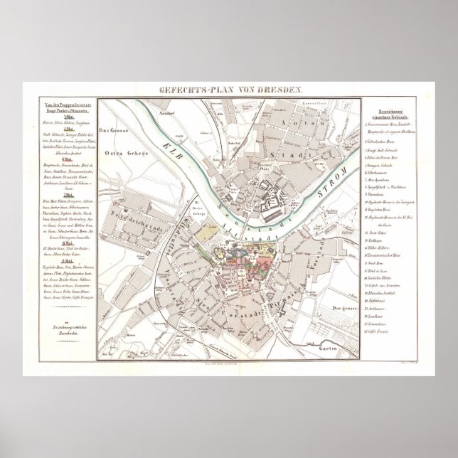 Poster Mapa de Vintage Dresden Alemanha (1849) (Frente)