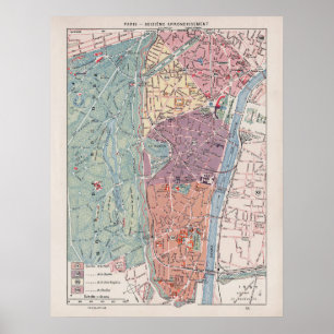 Poster Mapa de Vintage em Paris, 1900 - 16º Arrondissemen