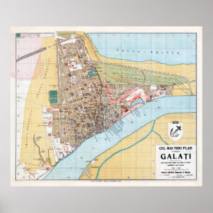 Poster Mapa de Vintage Galati Romênia (1914)