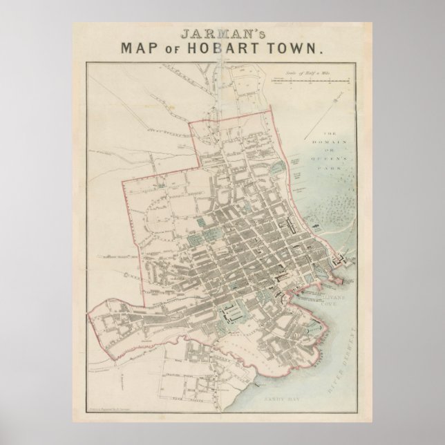 Poster Mapa de Vintage Hobart Tasmânia (1858) (Frente)