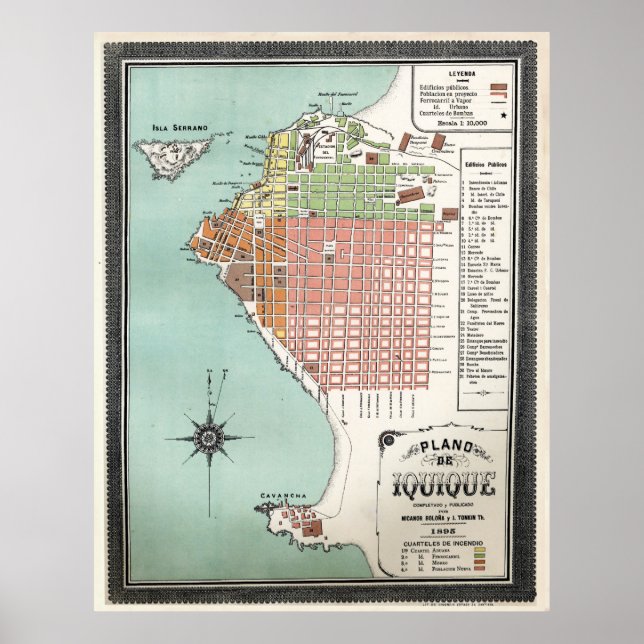 Poster Mapa de Vintage Iquique Chile (1895) (Frente)