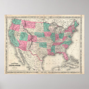 Poster Mapa de Vintage Johnson dos Estados Unidos (1866)