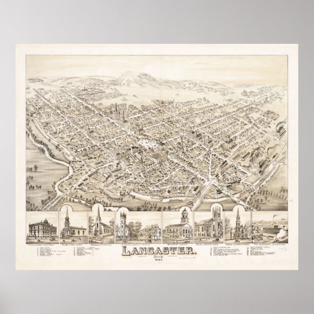 Poster Mapa de Vintage Lancaster OH (1885) (Frente)