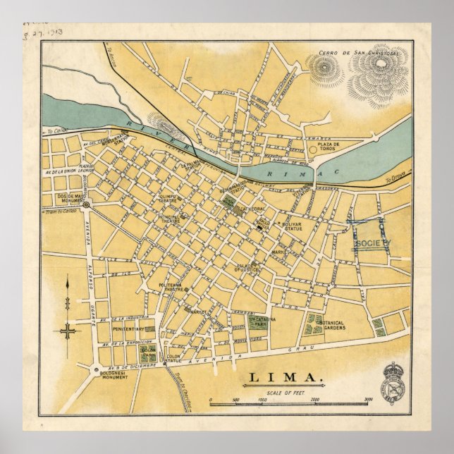 Poster Mapa de Vintage Lima no Peru (1910) (Frente)