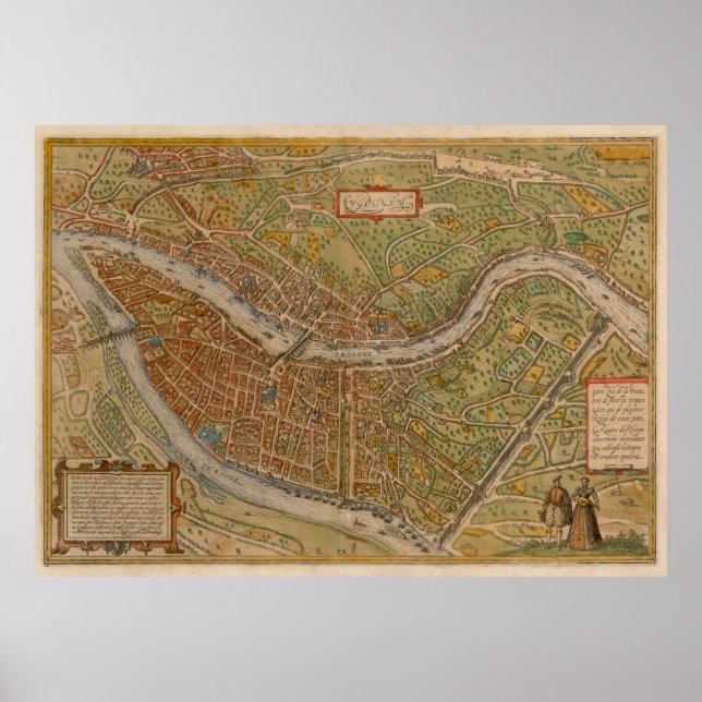 Poster Mapa de Vintage Lyon França (1572) (Frente)