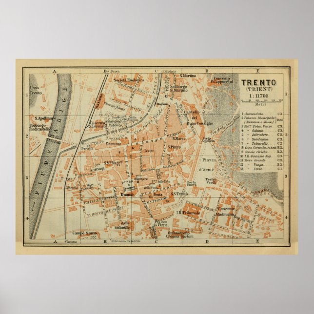 Poster Mapa de Vintage Trento Itália (1911) (Frente)