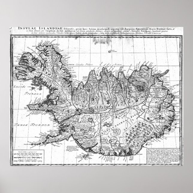Poster Mapa de Vintagens da Islândia (1761) BW (Frente)