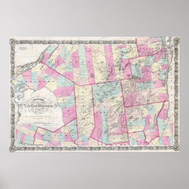 Poster Mapa de Vintagens das Montanhas Adirondack (1867) (Frente)