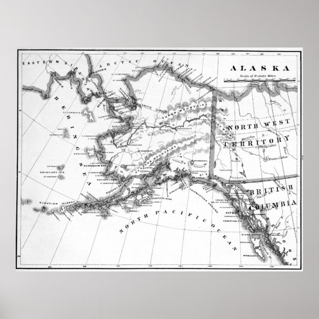 Póster Mapa de Vintagens do Alasca (1883) BW (Frente)