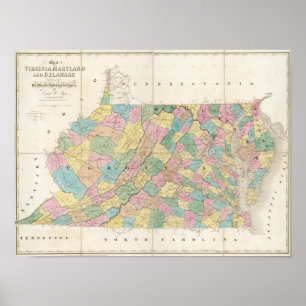 Póster Mapa de Virgínia, de Maryland e de Delaware