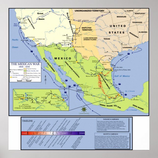 Poster Mapa de Visão Geral da Guerra Mexicana-Americana (Frente)