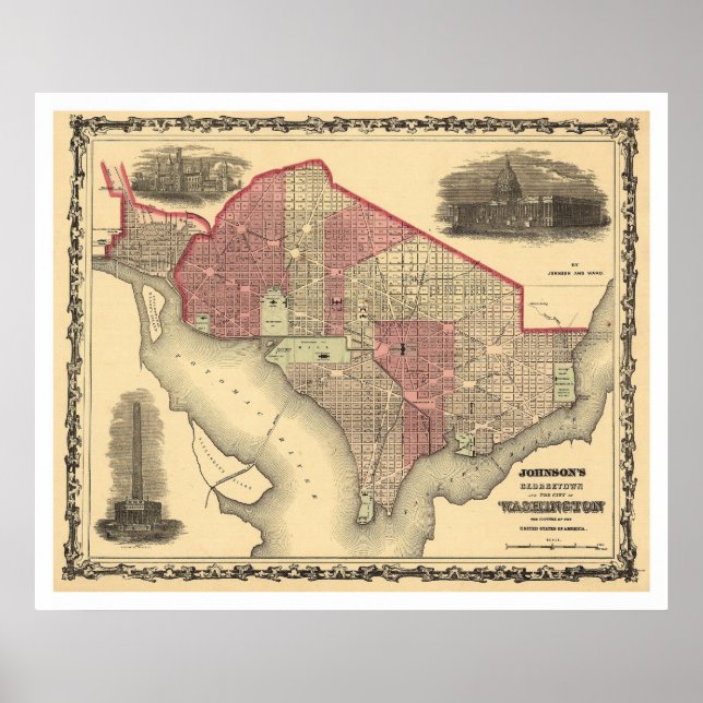 Poster Mapa de Washington DC e Georgetown 1862 (Frente)