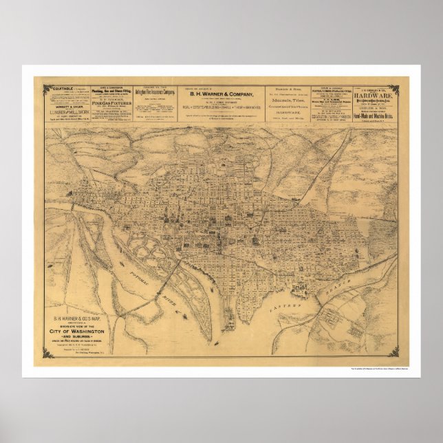 Poster Mapa de Washington DC e Suburbs por Gedney 1886 (Frente)