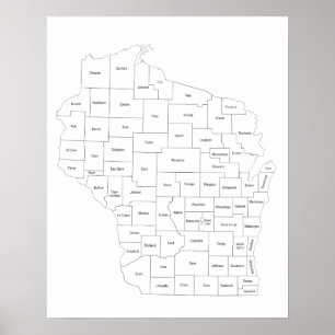 Poster Mapa de Wisconsin de condados do estado com nomes