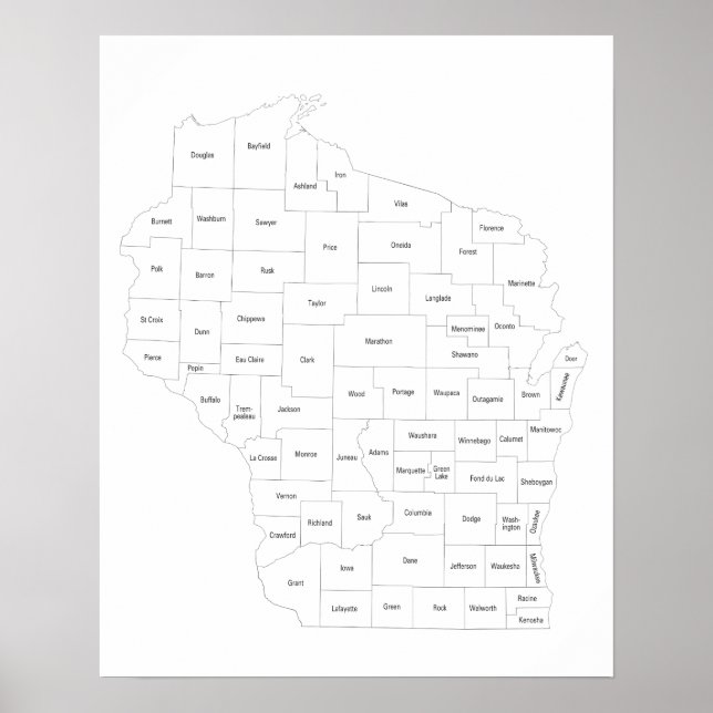 Poster Mapa de Wisconsin de condados do estado com nomes (Frente)