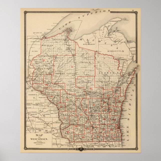Póster Mapa de Wisconsin mostrando distritos senatoriais (Frente)