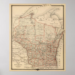 Póster Mapa de Wisconsin que mostra distritos senatoriais