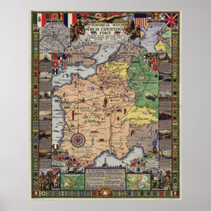 Póster Mapa de WWI do corpo expedicionário americano