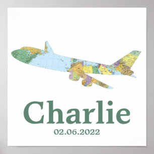 Poster Mapa Decoração de Berçário de Avião Personalizada