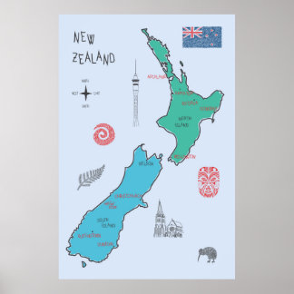 Poster Mapa desenhado à mão da Nova Zelândia