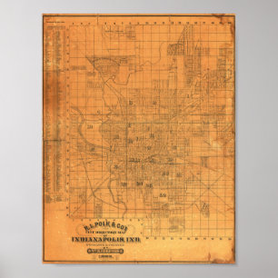 Poster Mapa Detalhado Antigo de Indianapolis 1885