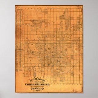 Poster Mapa Detalhado Antigo de Indianapolis 1885