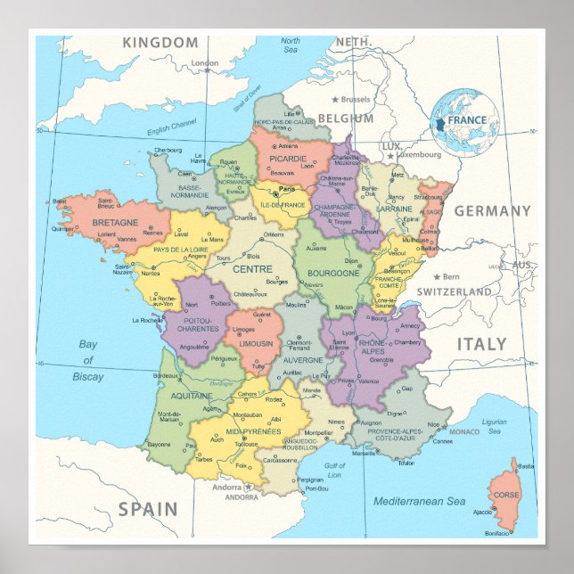 Poster Mapa detalhado da França (Frente)