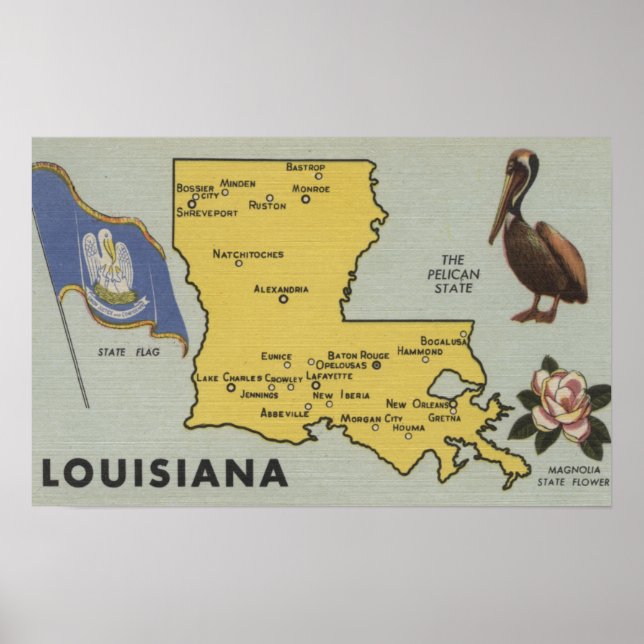 Póster Mapa Detalhado da Louisiana da Louisiana (Frente)