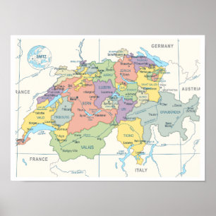 Poster Mapa detalhado da Suiça