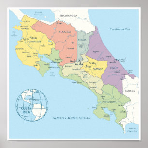 Poster Mapa Detalhado das Regiões da Costa Rica