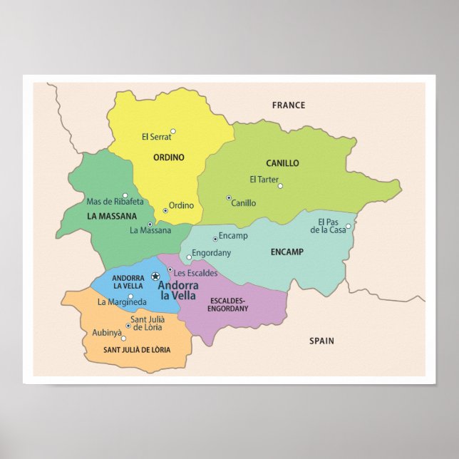 Poster Mapa Detalhado das Regiões de Andorra (Frente)