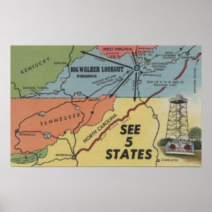 Póster Mapa detalhado de 5 estados - vigia grande do