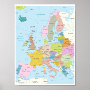 Poster Mapa Detalhado do Continente Europeu