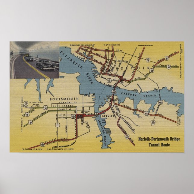Póster Mapa detalhado do túnel da ponte Norfolk-Portsmout (Frente)