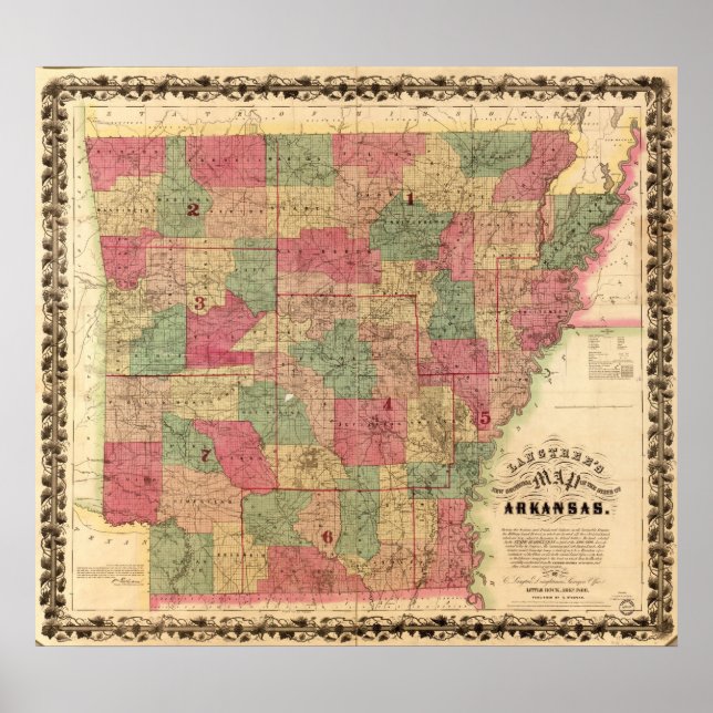 Póster Mapa do Arkansas em 1866 (Frente)