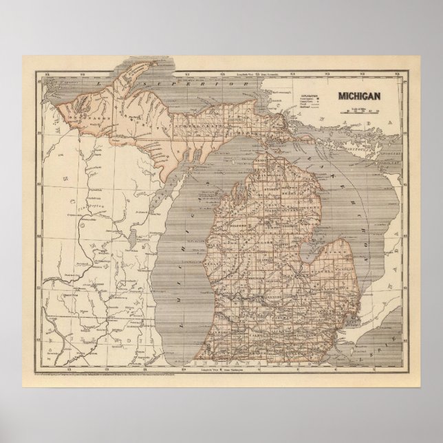Póster Mapa do Atlas Michigan (Frente)