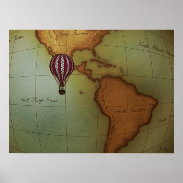 Poster Mapa do Balão de Ar Quente sobre o Hemisfério Oest (Frente)