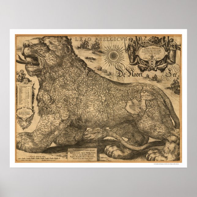Póster Mapa do Benelux Leo Belgicus da Europa 1611 (Frente)