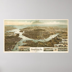 Póster Mapa do birdseye de Norfolk - 1892 (Wellge)