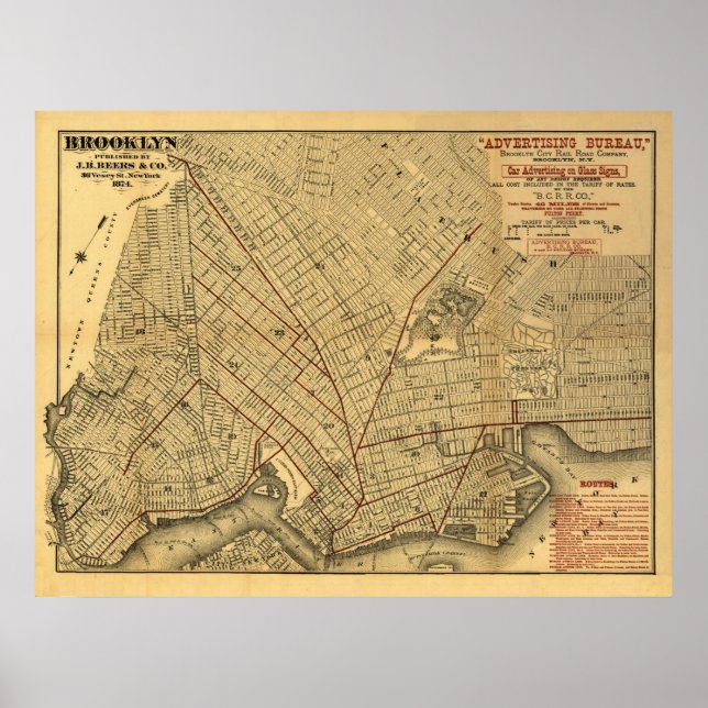 Póster Mapa do Brooklyn em 1874 (Frente)