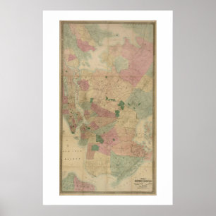 Póster Mapa do Brooklyn Vintage 1872 - Nova Iorque, Queen